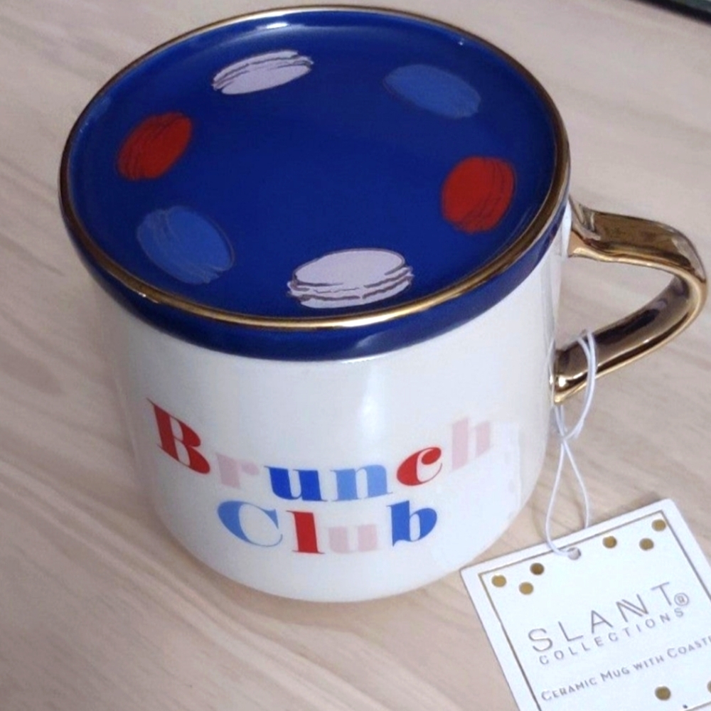 French Macaron Brunch Club Navy Gold White Porcelain Mug With Lid Coaster Slant